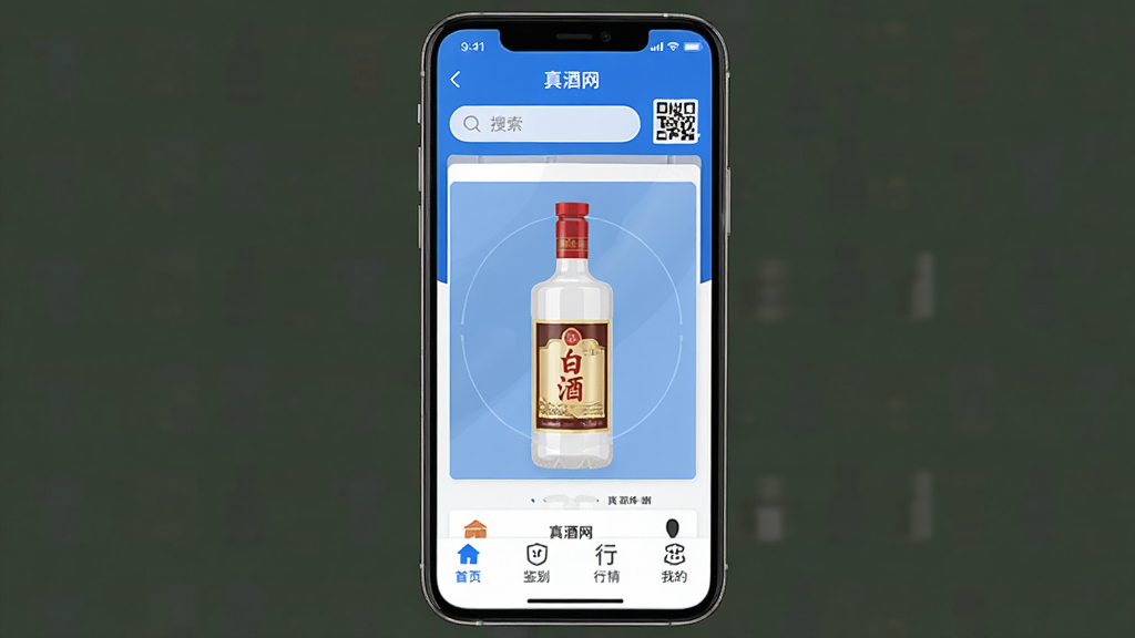 手机屏幕居中展示真酒网应用主界面,顶部搜索框和扫码入口清晰可见,中间是白酒瓶身鉴别示意图,底部导航栏为首页鉴别行情我的四个图标,整体布局简洁,蓝白配色,扁平化设计风格,界面干净无多余元素,高清画质。
