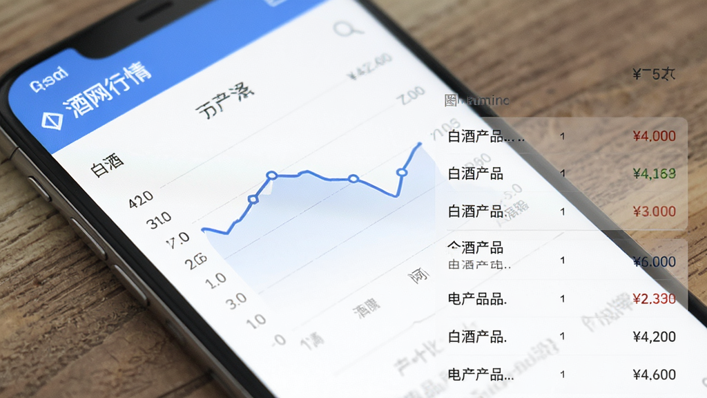 真酒网应用酒类行情页面截图,屏幕显示折线图和价格列表,白酒产品名称和价格数字清晰可见,界面以白色为底蓝色为点缀,图表简洁易读,排版整齐,高清画质无多余元素。