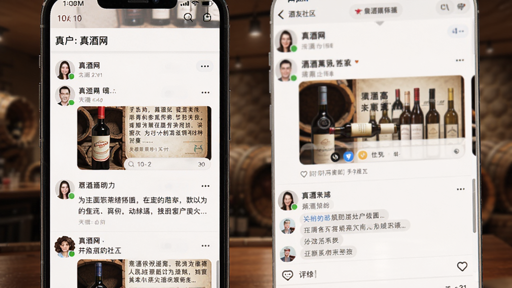 真酒网应用酒友社区页面,屏幕显示用户发帖列表和评论区,帖子包含酒瓶图片和文字描述,界面布局类似论坛,头像和昵称清晰,风格亲切,高清画质。