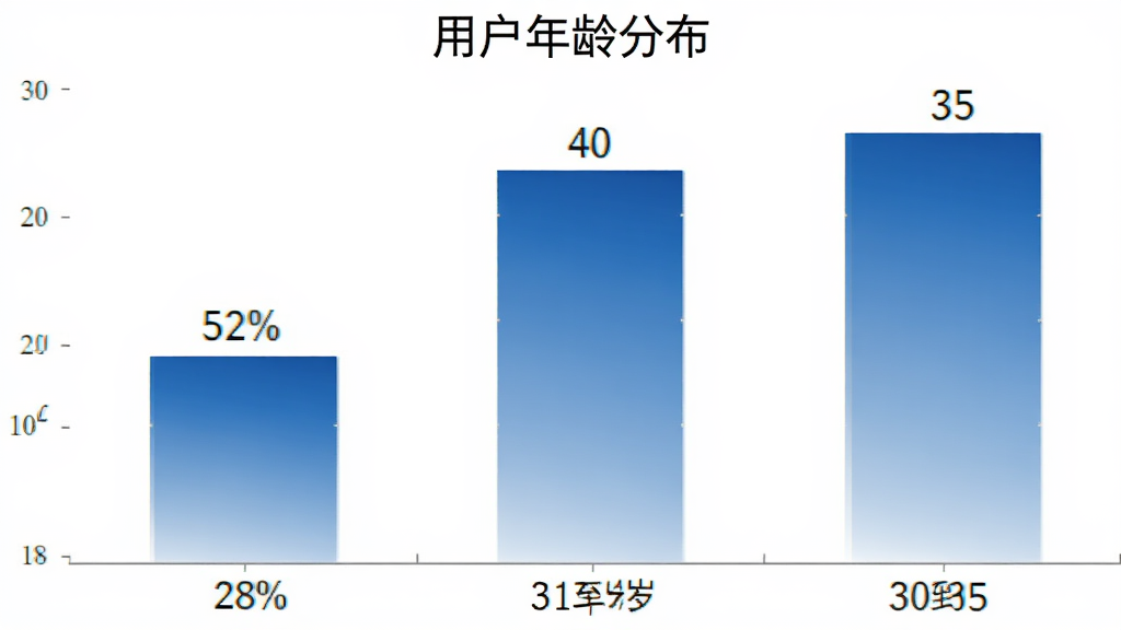 柱状图展示真酒网用户年龄分布,18到30岁占比百分之25,31到45岁占比百分之40,46到60岁占比百分之35,柱子颜色为蓝色渐变,背景白色,图表标题为用户年龄分布,数据标签清晰,高清画质。