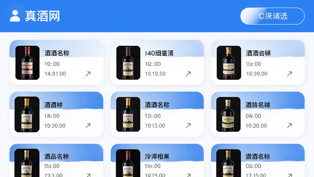 真酒网应用鉴别记录列表界面,屏幕显示多条鉴别记录卡片,每条包含酒品名称缩略图和时间标签,顶部有筛选按钮,界面清爽,卡片圆角设计,蓝白配色,高清画质。