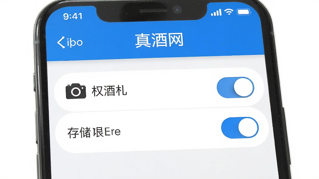 真酒网应用在手机上的权限设置界面截图,显示相机和存储权限开关,界面清晰,文字标注明确,蓝白配色,干净整洁,高清画质。