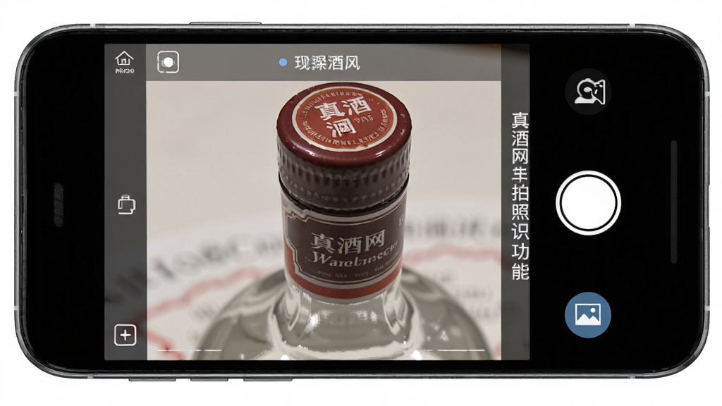 真酒网应用拍照识酒功能界面,手机屏幕显示取景框和拍摄提示文字,画面中是一瓶白酒的瓶盖和标签特写,界面有拍摄按钮和相册入口,风格简洁实用,蓝灰配色,布局清晰,高清画质。