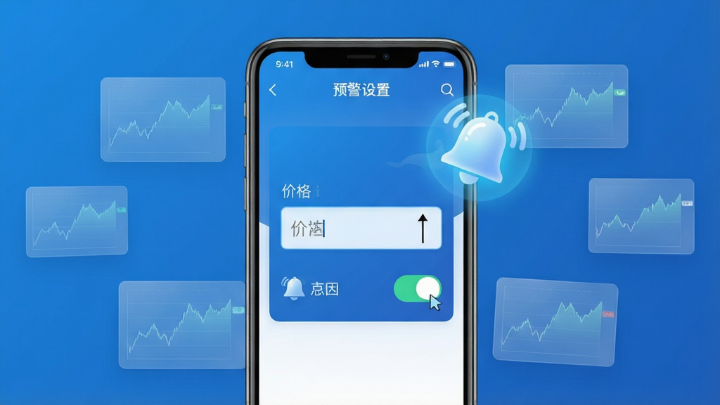 一张展示海豚App智能盯盘功能的AI生图。画面主体是一部手机,手机屏幕上显示着预警设置界面,有价格输入框和开关按钮,旁边有一个铃铛图标。手机周围漂浮着几个半透明的股价走势小图。布局是手机居中,小图环绕。排版简洁。风格是科技蓝调,扁平化。细节上,铃铛图标有发光效果,输入框有光标闪烁感。画质干净,无多余元素。