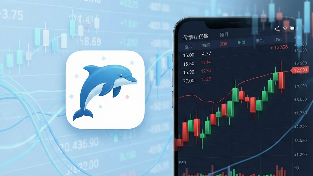 一张展示海豚股票软件核心全貌的图片。画面中央是海豚App的图标,图标旁边展示手机屏幕,屏幕上显示着简洁的股票行情列表和红绿相间的K线图。背景是淡蓝色的金融数据流动线条。布局采用居中构图,手机屏幕占据视觉中心。排版清晰,图标和屏幕并排。风格现代扁平化,科技感强。细节上,行情数字清晰可见,K线图有立体感,背景线条柔和。画质干净,无多余元素。