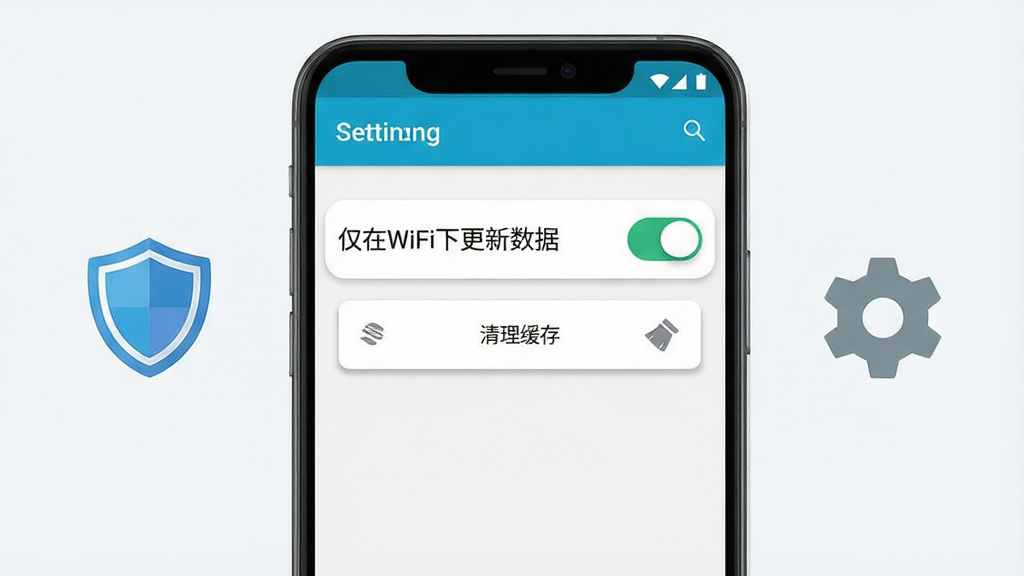 一张展示海豚App新手设置界面的AI生图。画面主体是一部手机,屏幕上显示着设置菜单,菜单项包括“仅在WiFi下更新数据”和“清理缓存”按钮。手机旁边有一个盾牌图标和一个齿轮图标。布局是手机居中。排版清晰。风格是简洁的安卓设置风格,浅色背景。细节上,开关按钮处于开启状态,按钮有细微的阴影。画质干净,无多余元素。