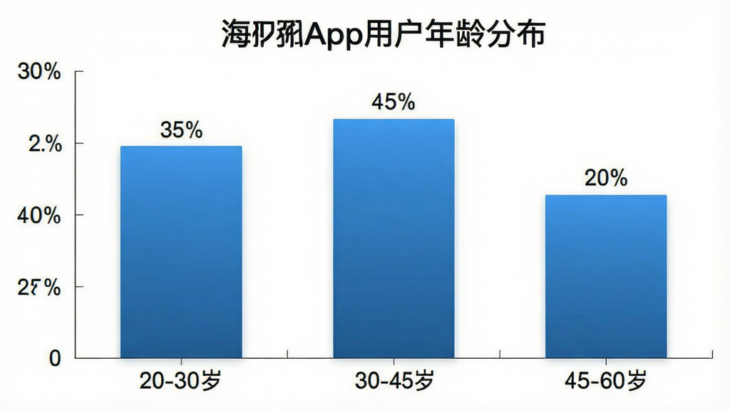 一张展示海豚App用户年龄分布的柱状图。图表背景是白色的。横轴是年龄段:20-30岁,30-45岁,45-60岁。纵轴是百分比。柱子是蓝色的,高度分别为35%,45%,20%。柱子顶部有具体的数字标签。布局是图表居中。排版简洁。风格是商务图表风。细节上,柱子有渐变效果,数字清晰。画质干净,无多余元素。