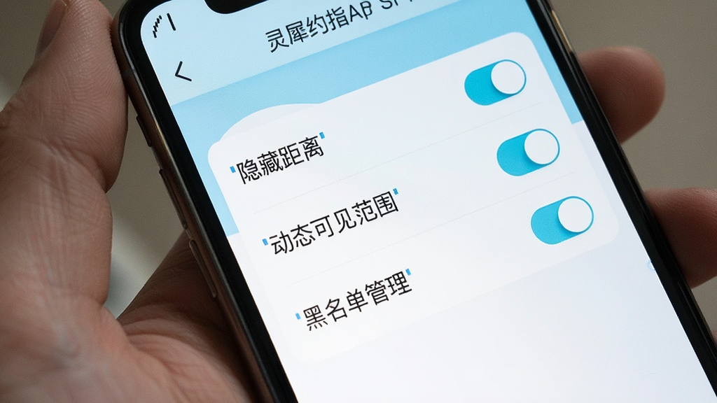 一张展示灵犀约指App隐私设置页面的图片,手机屏幕显示多个开关按钮,包括「隐藏距离」「动态可见范围」「黑名单管理」等选项,界面以白色和浅蓝色为主,排版整齐,文字清晰,画质干净,无多余元素