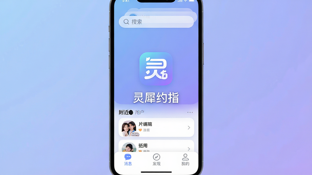一张手机屏幕展示社交约会App主界面的图片,画面中央是「灵犀约指」的软件名称和Logo图标,背景是柔和的渐变蓝紫色调,界面布局简洁,顶部有搜索栏,中间是附近用户卡片列表,底部有消息、发现、我的三个导航按钮,整体风格现代清新,细节圆润,画质干净清晰,无多余元素