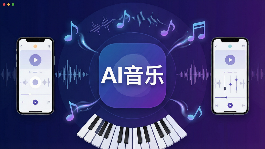 AI音乐软件主界面全景图,画面中央是醒目的“AI音乐”Logo,周围环绕着音符、波形图、钢琴键和手机屏幕,手机屏幕上显示着简洁的创作界面,整体布局采用中心辐射式排版,风格为现代扁平化科技感,细节上音符带有流光效果,背景为深邃的蓝紫渐变,画质高清,画面干净,无多余元素