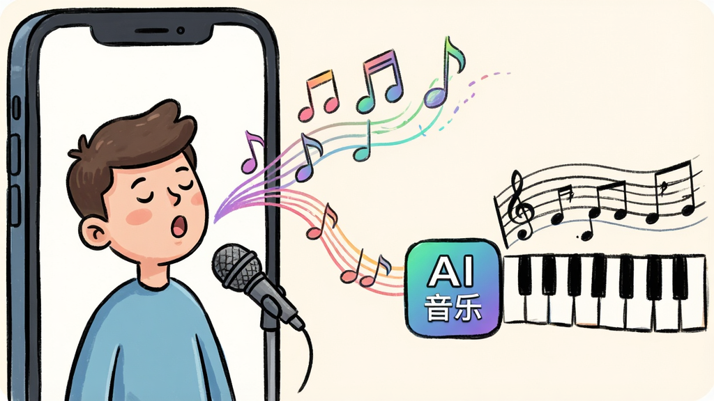 AI音乐智能作曲功能展示图,画面主体是一部手机,手机屏幕上一个卡通人物正对着麦克风哼唱,音符从嘴里飘出变成一条彩色的旋律线,旋律线连接到手机屏幕里的“AI音乐”图标,图标旁边自动生成出一段五线谱和钢琴键,布局为左右结构,风格为卡通手绘科技风,细节上音符有渐变色彩,背景为柔和的米白色,画质清晰,画面干净,无多余元素