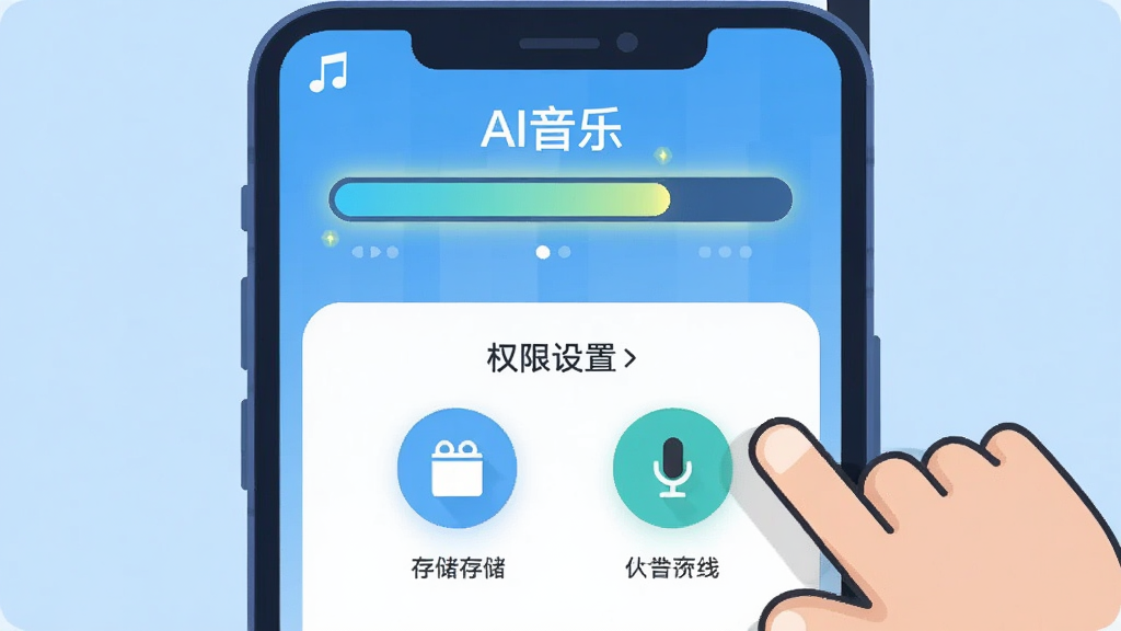 AI音乐移动端操作指引图,画面主体是一部智能手机,屏幕上方显示“AI音乐”的安装进度条,下方是权限设置界面,有存储和麦克风图标被点亮,手机旁边有一个卡通手指正在点击屏幕,布局为上下结构,风格为扁平化插画风,细节上进度条有发光效果,背景为浅蓝色,画质干净,无多余元素