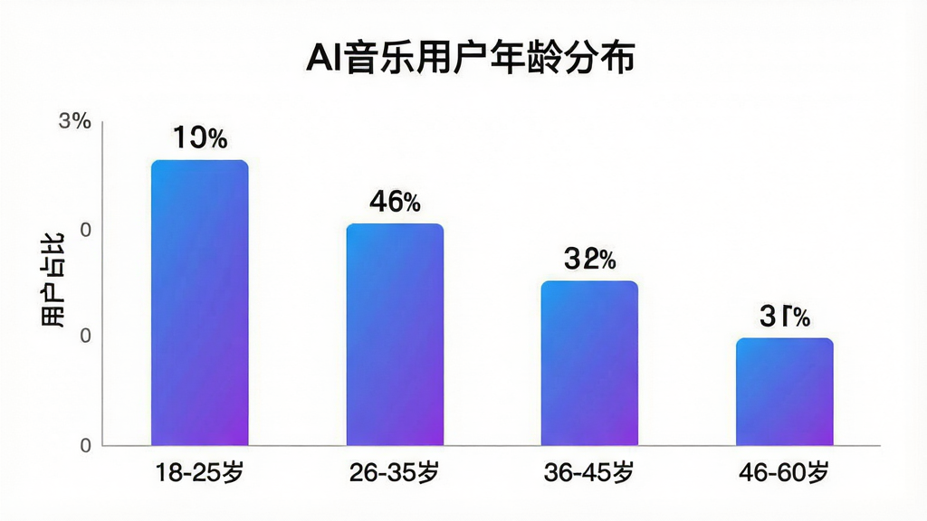 AI音乐用户年龄分布柱状图,画面为简洁的数据图表,横轴标注“18-25岁”“26-35岁”“36-45岁”“46-60岁”,纵轴标注“用户占比”,四个柱子高度依次递减,柱体为渐变的蓝紫色,柱子顶部有具体的百分比数字,图表标题为“AI音乐用户年龄分布”,布局居中,风格为现代数据可视化,背景为白色,画质清晰,无多余元素