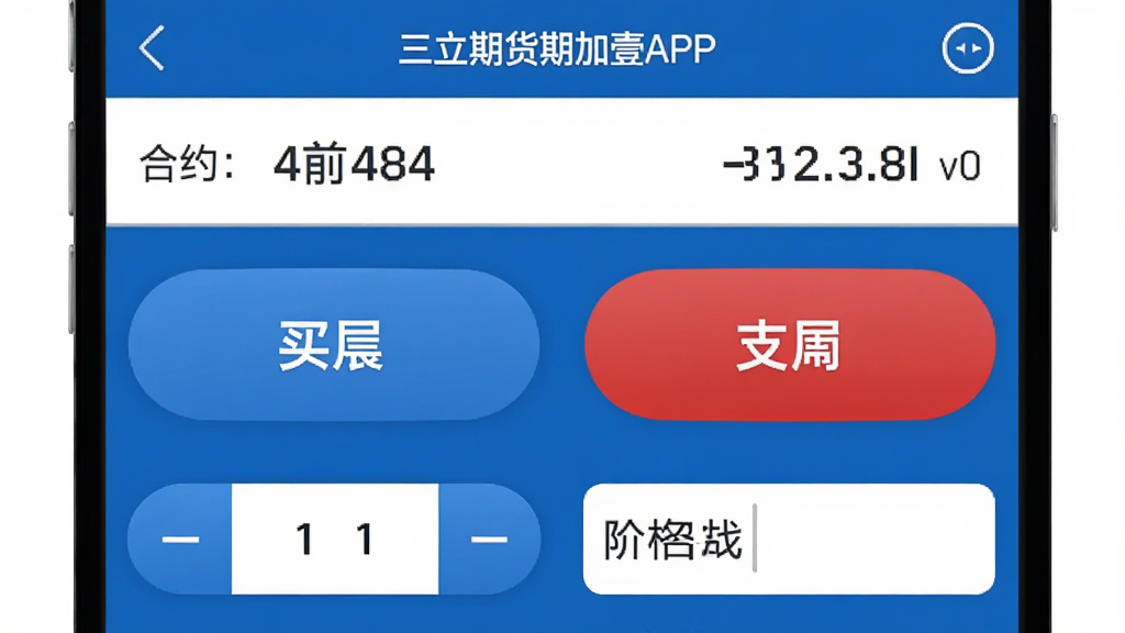 三立期货期加壹APP交易下单界面,屏幕中央显示买入和卖出两个大按钮,上方有合约名称和当前价格,下方有手数选择器和价格输入框,界面以蓝色和白色为主,按钮圆润,布局对称,风格简洁专业,画质清晰,背景为纯白色,无杂乱元素