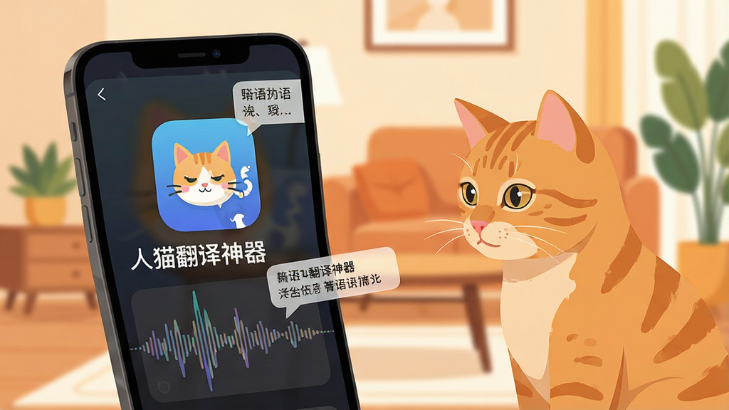 一张手机应用界面截图,画面中央是“人猫翻译神器”的App图标和名称,背景是温馨的客厅场景,一只橘猫正盯着手机屏幕,手机屏幕上显示着猫语翻译的声波波纹和文字气泡,整体色调温暖明亮,风格现代扁平化,画质清晰干净,无多余元素