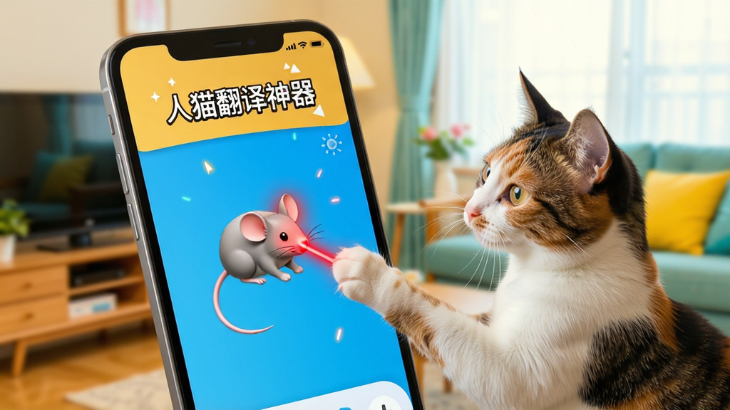 一张手机屏幕截图,标题为“人猫翻译神器”,画面显示手机屏幕上有虚拟老鼠和激光点动画,一只猫咪正伸出爪子去抓屏幕,背景是居家环境,风格活泼有趣,色彩鲜明,画质清晰干净,无多余元素