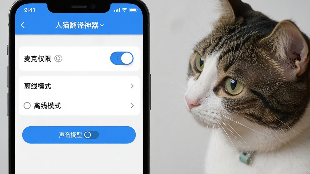 一张手机屏幕截图,画面显示“人猫翻译神器”的设置界面,包含麦克风权限开关、离线模式选项、声音模型切换按钮,界面简洁,蓝白配色,旁边有一只猫在看着手机,画质清晰干净,无多余元素