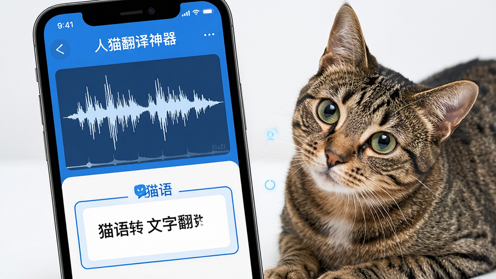 一张手机屏幕界面图,标题为“人猫翻译神器”,界面分为上下两部分,上半部分显示人类语音转猫语的声波图,下半部分显示猫语转文字的翻译结果框,屏幕旁边趴着一只好奇的狸花猫,风格简洁科技感,蓝白配色,画质清晰干净,无多余元素