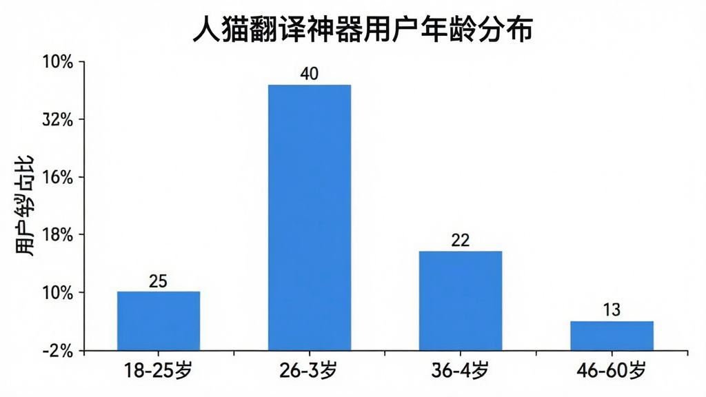 一张柱状图,标题为“人猫翻译神器用户年龄分布”,横轴为年龄段18-25岁、26-35岁、36-45岁、46-60岁,纵轴为用户占比,柱状图显示26-35岁占比最高约40%,其次18-25岁约25%,36-45岁约22%,46-60岁约13%,图表风格简洁清晰,蓝白配色,画质干净,无多余元素
