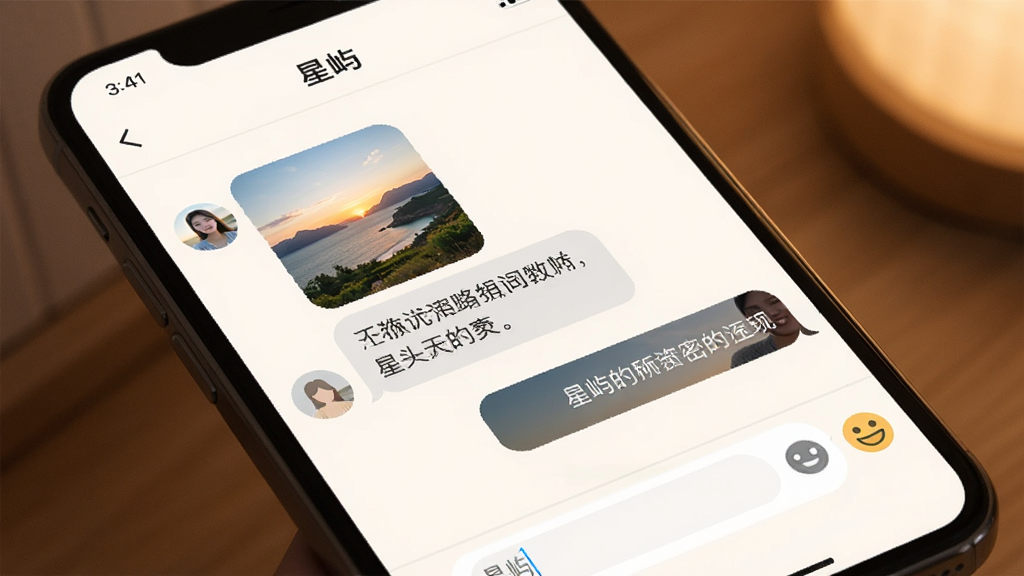 一张展示“星屿”App私密聊天界面的图片,画面主体是手机屏幕,屏幕内显示简洁的聊天对话框,左侧是好友发来的风景图片和文字消息,右侧是用户的回复,界面底部有输入框和表情按钮。整体风格温馨、私密,画质干净,无多余元素。