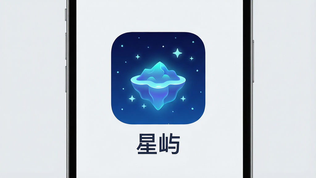 一张干净清爽的手机应用界面展示图,画面中央是“星屿”App的图标,图标设计为深蓝色夜空背景中漂浮着一座发光的岛屿,周围环绕着几颗小星星。图标下方有“星屿”文字。背景是浅灰色的极简风格,画面干净整洁,无多余元素,高画质,扁平化设计风格。