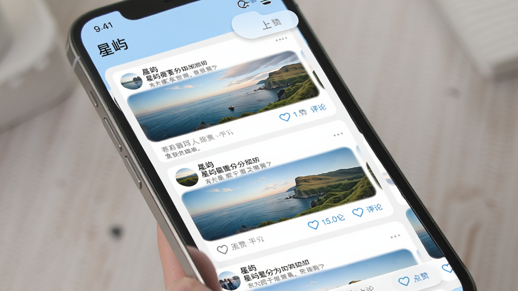 一张展示“星屿”App动态分享广场界面的图片,画面主体是手机屏幕,屏幕内显示瀑布流布局的用户动态卡片,卡片上有风景照、文字分享和点赞评论按钮,界面风格清爽简洁,以白色和浅蓝色为主色调,画质干净,无多余元素。