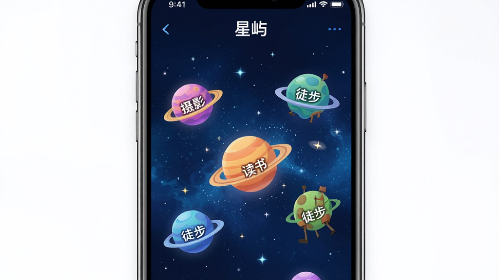 一张展示“星屿”App兴趣星球界面的图片,画面主体是手机屏幕,屏幕内显示多个彩色的星球图标悬浮在深蓝色的宇宙背景中,每个星球上标有“摄影”、“读书”、“徒步”等标签。整体风格梦幻且清晰,画质干净,无多余元素。