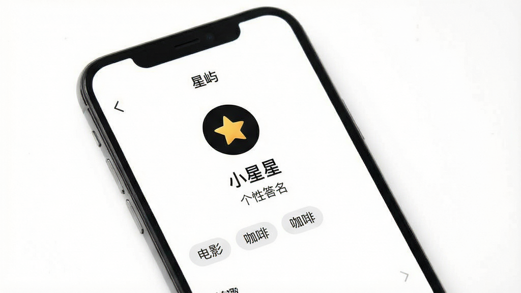 一张展示“星屿”App极简个人主页界面的图片,画面主体是手机屏幕,屏幕内显示一个简洁的个人资料页,有圆形头像、昵称“小星星”、个性签名和几个兴趣标签如“电影”、“咖啡”。背景为纯白色,字体清晰,画质干净,无多余元素。