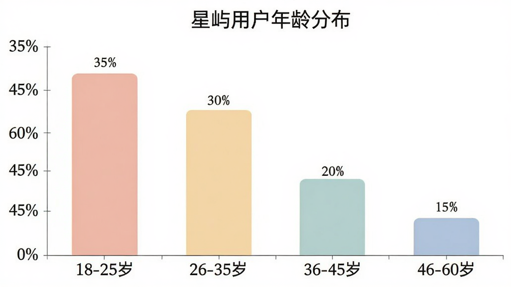 一张柱状图,标题为“星屿用户年龄分布”,图表横轴为年龄区间“18-25岁”、“26-35岁”、“36-45岁”、“46-60岁”,纵轴为用户占比百分比。柱状图显示18-25岁占比约35%,26-35岁占比约30%,36-45岁占比约20%,46-60岁占比约15%。图表风格简洁,颜色柔和,画质干净,无多余元素。