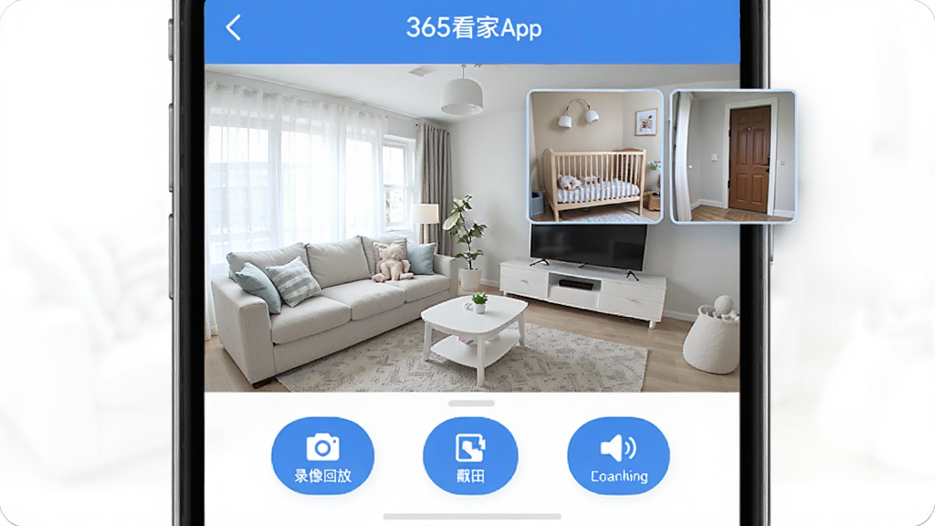 一张展示365看家App核心功能的手机界面截图,画面中央是明亮的客厅监控画面,画中画显示婴儿房和门口两个小窗口,底部有清晰的录像回放、截图、对讲按钮,界面设计简洁现代,以蓝白配色为主,整体画质清晰干净,无多余元素