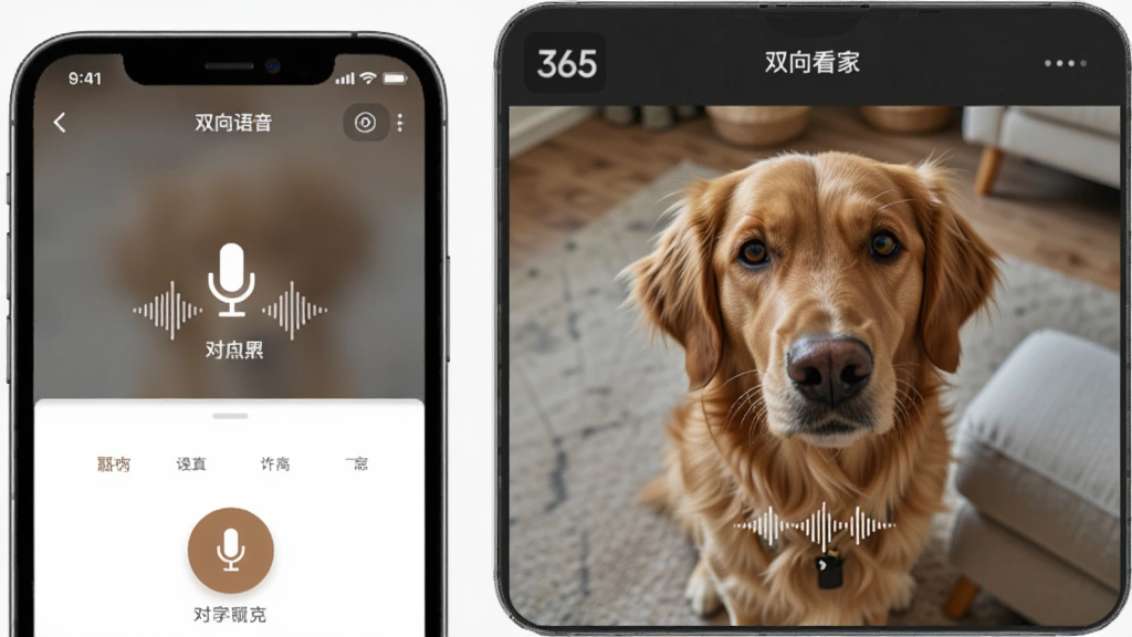 一张展示365看家App双向语音对讲功能的场景图,画面左侧是手机屏幕显示对讲按钮处于按下状态,右侧是摄像头端传来的实时画面,画面中有一只宠物狗正在看向镜头,界面有清晰的麦克风图标和声波动态效果,风格温馨自然,画质细腻