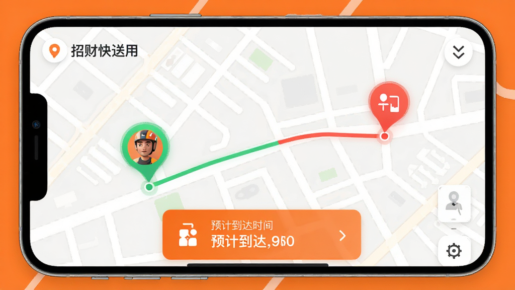 招财快送应用内实时地图追踪界面,显示骑手头像沿着街道移动,起点和终点用绿色和红色标记,底部有预计到达时间卡片,界面风格简洁现代,橙色主题色,画质干净无多余元素