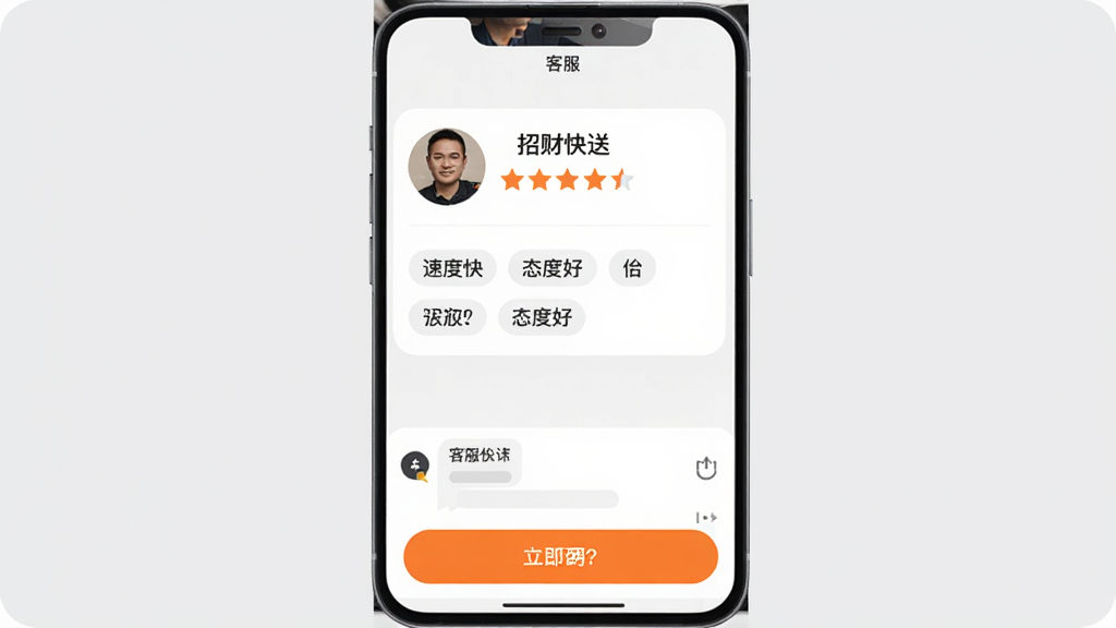 招财快送应用内评价与客服界面,上方是骑手头像和星级评分,中间是评价标签如
