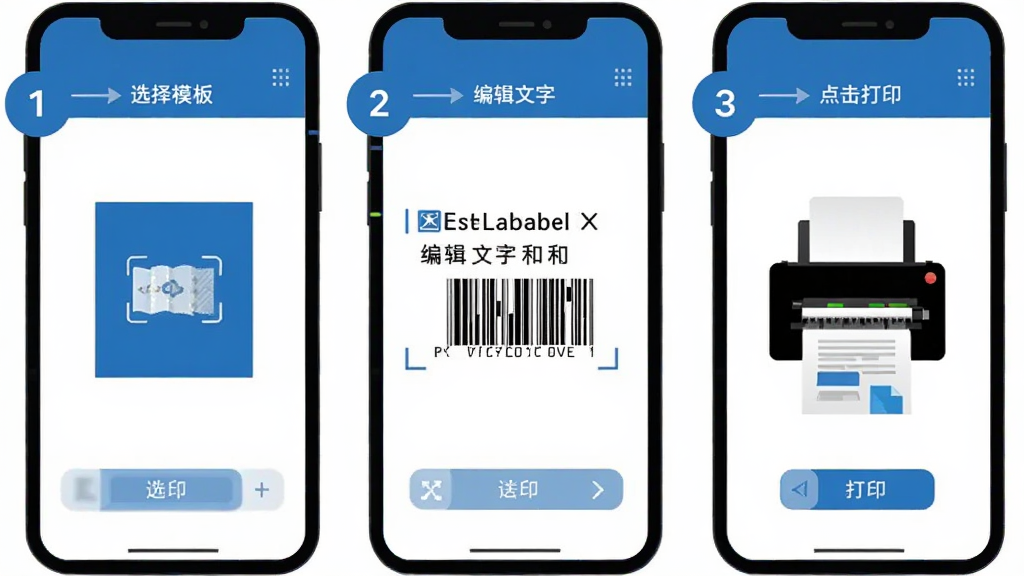 BYLabel��ǩ��ӡ�ֻ��˲�������ʾ��ͼ���������ֻ���Ļ������չʾ�����������裬��һ��ѡ��ģ�壬�ڶ����༭���ֺ����룬�����������ӡ�������࣬������ɫ��ÿ�����������ֱ�ע������ƽ�������ʸɾ��޶���Ԫ��