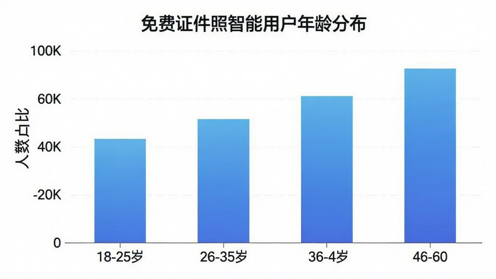 免费证件照智能 用户年龄分布柱状图 横轴为18-25岁 26-35岁 36-45岁 46-60岁 纵轴为人数占比 柱状颜色为蓝色渐变 图表标题为免费证件照智能用户年龄分布 风格简洁数据可视化 画质清晰 无多余元素