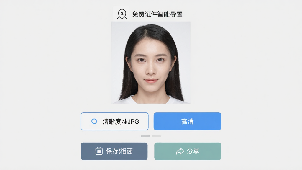 免费证件照智能 导出设置界面 显示JPG和PNG格式选项 清晰度标准与高清两个按钮 底部是保存到相册和分享按钮 背景是浅灰色 风格极简 画质干净 无多余元素