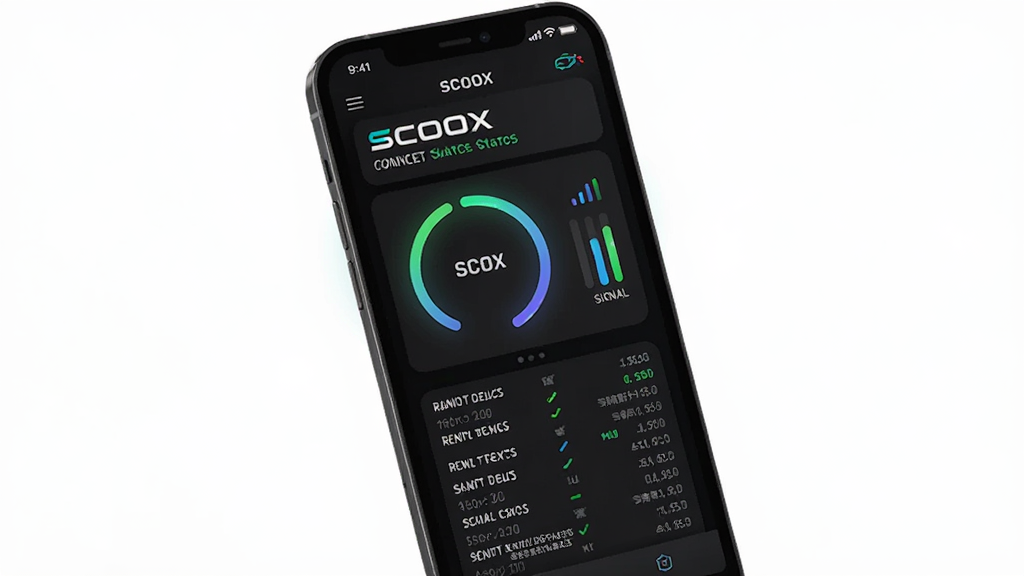 一张展示SCOOX实时状态监控功能的AI生图,主体是手机屏幕显示SCOOX应用界面,布局为上方是设备名称和连接状态,中间是环形电量图表和信号强度指示条,下方是实时数据刷新日志,排版简洁,风格为深色模式科技感,细节带有微光渐变效果,画质干净无多余元素,图片中文字“SCOOX”清晰可见