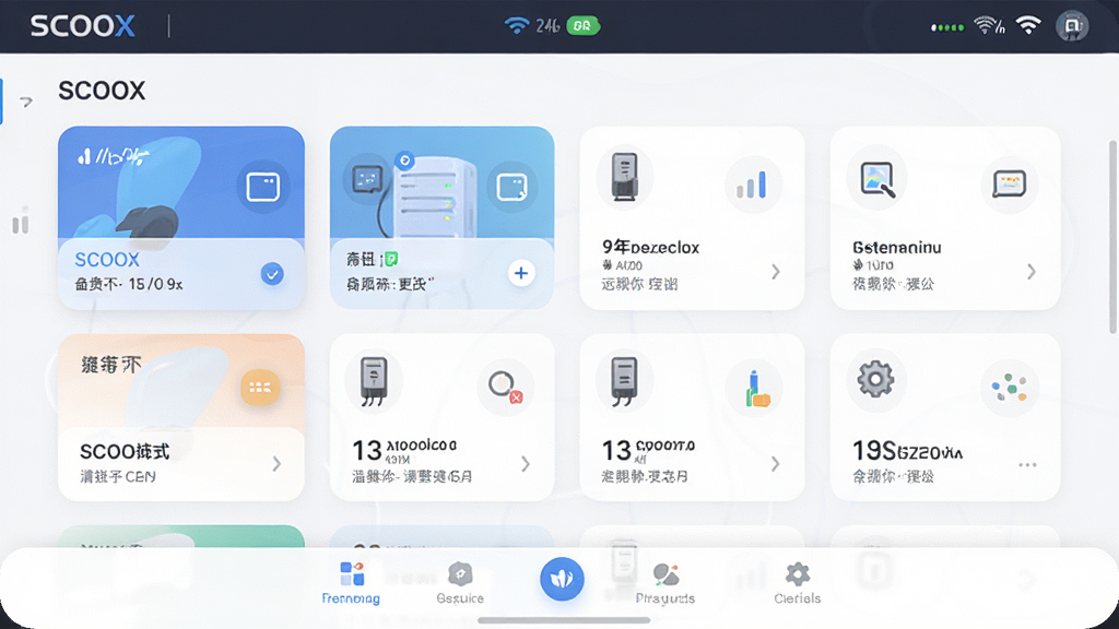 一张展示SCOOX软件核心全貌的图片,主体是SCOOX应用主界面,布局为顶部状态栏显示设备连接状态,中间是设备管理卡片列表,底部是功能导航栏,排版清晰有序,风格为现代扁平化科技风,细节圆润精致,画质干净无多余元素,图片中文字“SCOOX”清晰可见