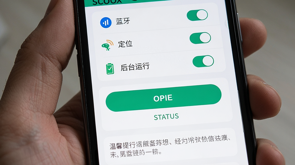一张展示SCOOX新手设置引导界面的AI生图,主体是手机屏幕显示SCOOX权限设置页面,布局为上方是权限列表(蓝牙、定位、后台运行),中间是开启按钮和状态指示,下方是温馨提示文字,排版清晰,风格为浅色系卡片风,细节带有图标和开关控件,画质干净无多余元素,图片中文字“SCOOX”清晰可见