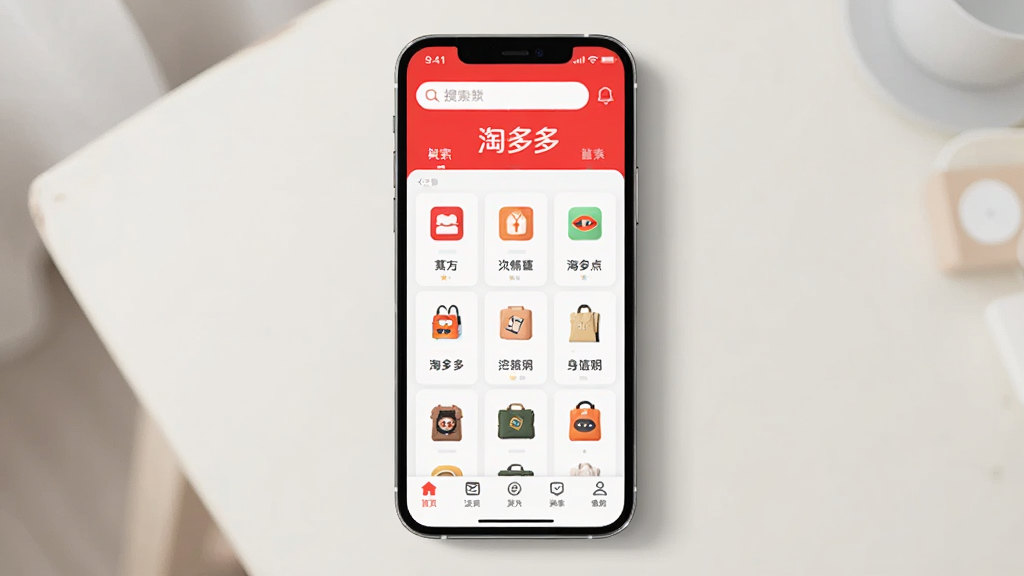 һ��չʾ�Զ��app��������ֻ�����ͼ�������������ֻ���Ļ����Ļ����ʾ�Զ����ҳ��������������Ŀ���м��Ǹ�����Ʒ����ͼ�꣬�ײ������������ɼ�������Ϊ�ɾ���ǳɫ���棬�������ִ���Լ�������������޶���Ԫ��