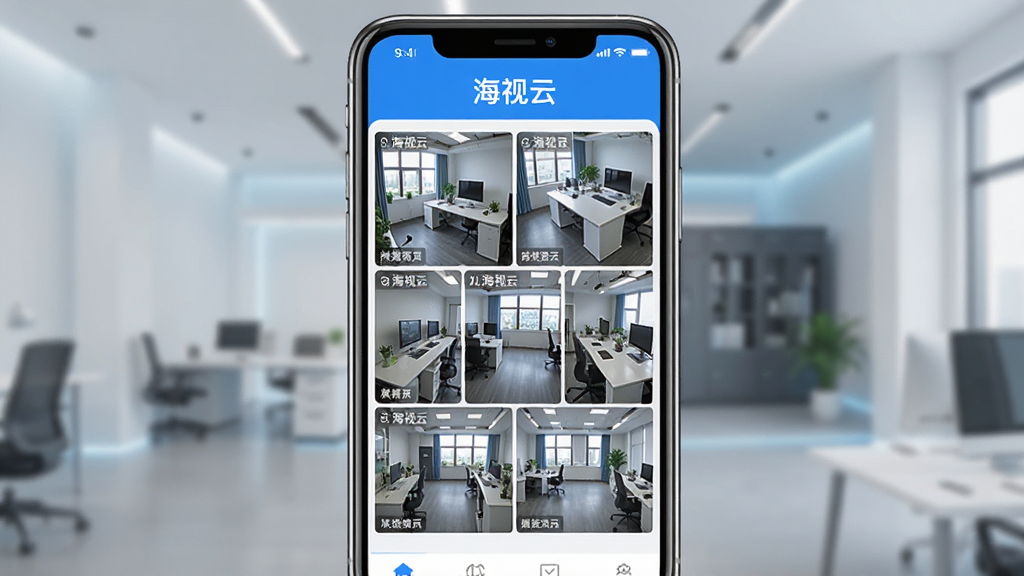 一张展示海视云App主界面的图片,画面中央是手机屏幕,屏幕内显示海视云监控画面九宫格布局,每个格子有不同场景的实时画面,顶部有“海视云”文字标识,整体布局简洁,蓝白配色,风格现代科技感,细节清晰,画质干净无多余元素。