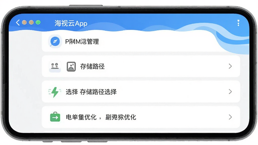一张展示海视云App设置界面的图片,画面中手机屏幕显示权限管理、存储路径选择、电池优化等选项列表,界面清晰,图标简洁,蓝白配色,风格现代扁平,画质干净无多余元素。
