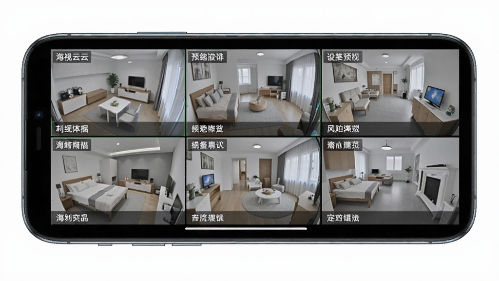 一张展示海视云多设备同屏预览功能的图片,画面中一部手机横屏显示,屏幕内呈现多个监控画面窗口,每个窗口标注不同房间名称,画面清晰,布局整齐,风格简洁科技感,画质干净无多余元素。