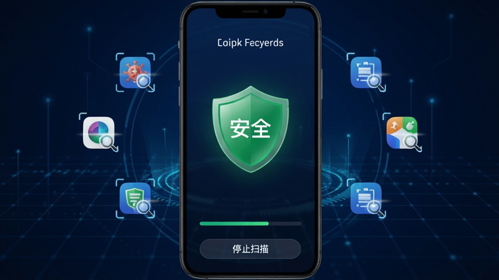 安视界实时病毒查杀功能界面,手机屏幕中央显示绿色盾牌图标和“安全”字样,周围环绕着正在扫描的应用图标,底部有进度条和“停止扫描”按钮,背景为深蓝色科技感网格,风格简洁专业,画质干净