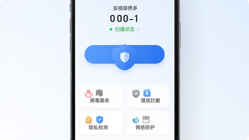 安视界手机安全防护App主界面展示,中部为蓝色盾牌安全检测按钮,上方显示安全评分和扫描状态,下方排列病毒查杀、骚扰拦截、隐私检测、网络防护四个功能卡片,背景为干净的浅色渐变,风格现代简约扁平化,画质清晰,无多余元素