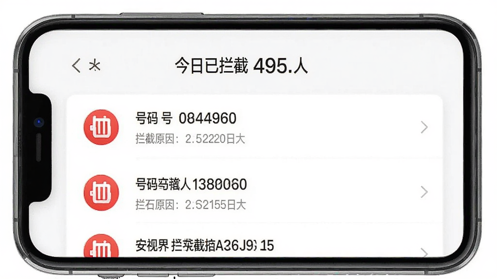 安视界骚扰拦截功能界面,手机屏幕显示拦截记录列表,每条记录左侧有红色拦截图标,右侧显示号码和拦截原因,顶部有“今日已拦截”统计数字,背景为白色卡片式设计,风格清爽干净,文字清晰