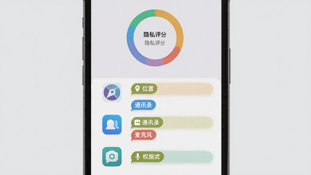 安视界隐私检测功能界面,手机屏幕展示权限管理列表,左侧为应用图标,右侧用不同颜色标签标注“位置”“通讯录”“麦克风”等权限状态,顶部有隐私评分环形图,背景为浅灰色,风格现代扁平,画质清晰