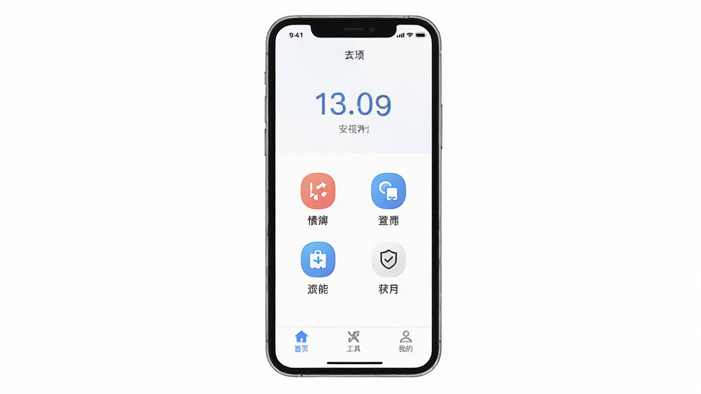 安视界App整体界面展示,手机屏幕显示简洁的主页,仅有安全评分、四个功能图标和底部的“首页”“工具”“我的”三个标签,没有任何广告横幅或推荐内容,背景为纯白色,风格极简清爽,画质干净无多余元素