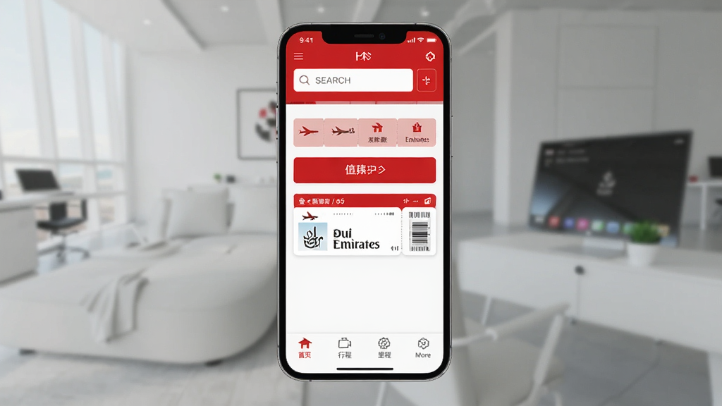 �ֻ���ĻչʾEmirates����������App�����棬��ɫ�ͺ�ɫΪ��ɫ����������ʾ�����������м���ֵ����ť�͵ǻ��ƿ�Ƭ���ײ�����������ҳ���г̡���̡������ĸ�ѡ������ɾ����࣬����ִ����񣬻��������޶���Ԫ��