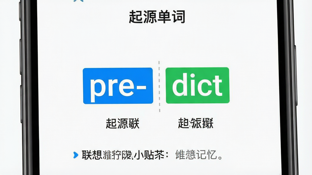 一张展示“起源单词”词根词缀学习界面的手机应用截图,主体为手机屏幕特写,画面中央显示单词“predict”被拆解为“pre-”“dict”两部分,分别用蓝色和绿色高亮标注,下方有中文释义和联想记忆小贴士,顶部有“起源单词”文字标识,布局简洁明了,排版清晰,风格现代教育类应用,细节干净,画质高清,无多余装饰元素。